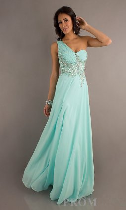 Glitter Aqua One Shoulder Sheer Back Lace Winter Formal Dress